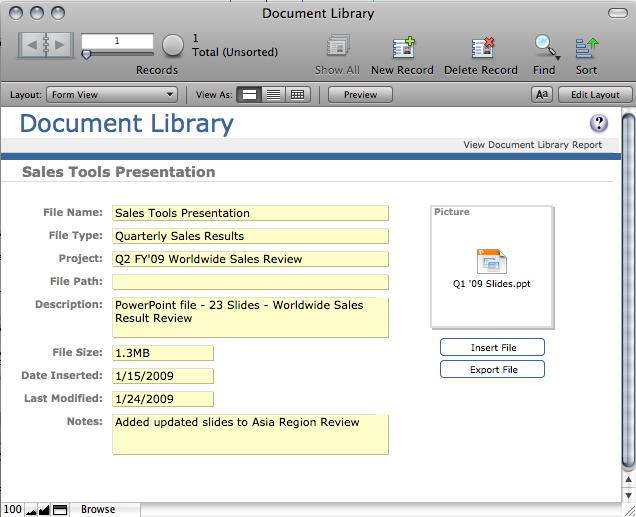 Step 2: Inserting a File into the Document Library File Figure 2: Use the Document Library file to store details on a PowerPoint Presentation The Document Library Form View layout includes a