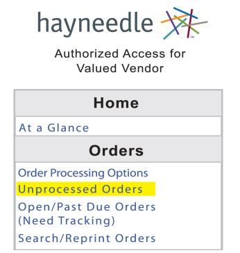 Unprocessed Orders- Non EDI Vendors The Unprocessed Orders screen displays all new orders, the item(s) ordered and a date that the order needs to ship.