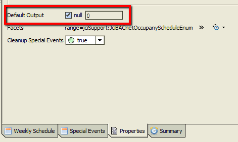 Schedule's Default Output Whenever a schedule event (special or weekly) is not defined, the schedule component's output (out slot) reverts to its default output.