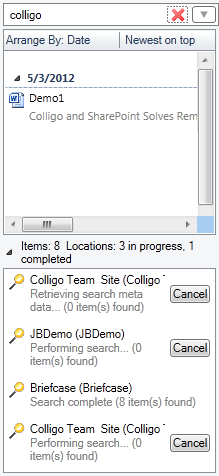 The search locations display. You can click Cancel to remove results from a particular site from the search. Defining Search Locations and Terms To define your search locations and parameters: 1.
