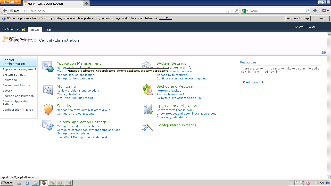43. Now click on the central administration console link in share point tab of start menu.