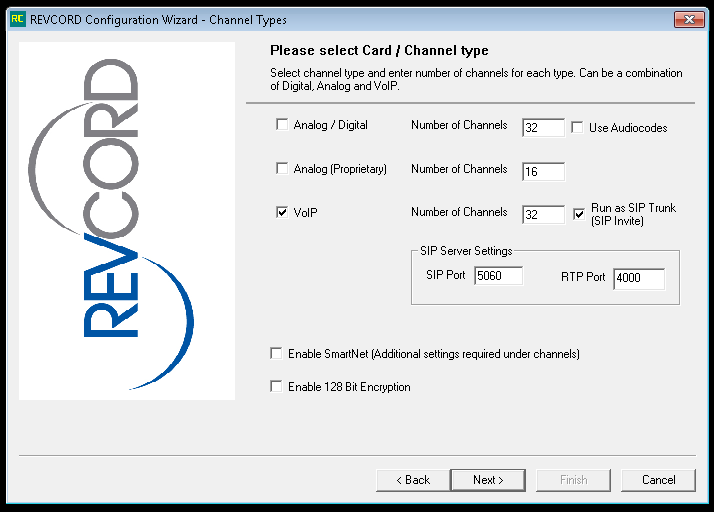 Setting Up SIP Trunk Recording in REVCORD In the installation wizard at the Channel Type page there is a check box Run As SIP Trunk.