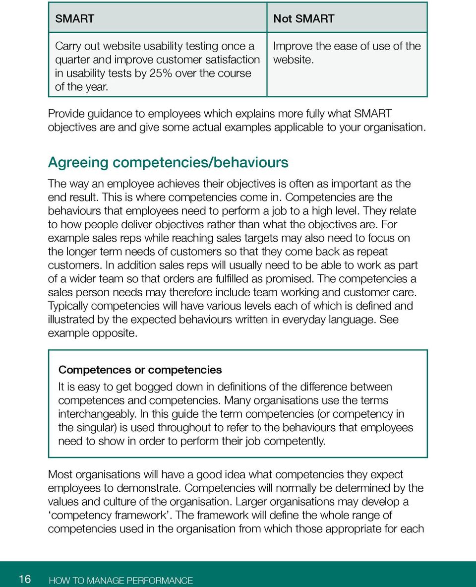 Agreeing competencies/behaviours The way an employee achieves their objectives is often as important as the end result. This is where competencies come in.