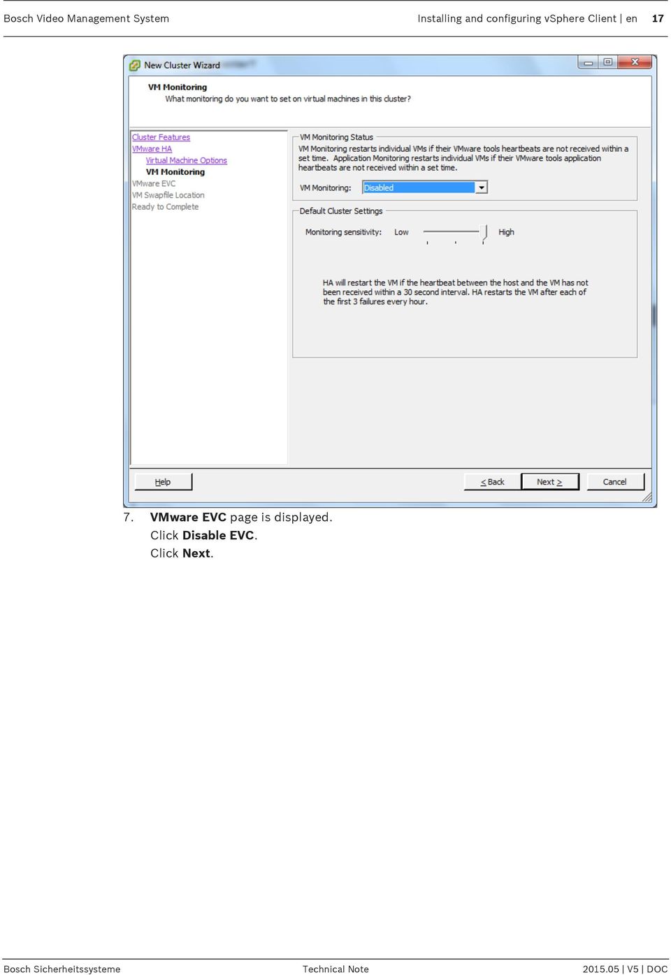 VMware EVC page is displayed. Click Disable EVC.