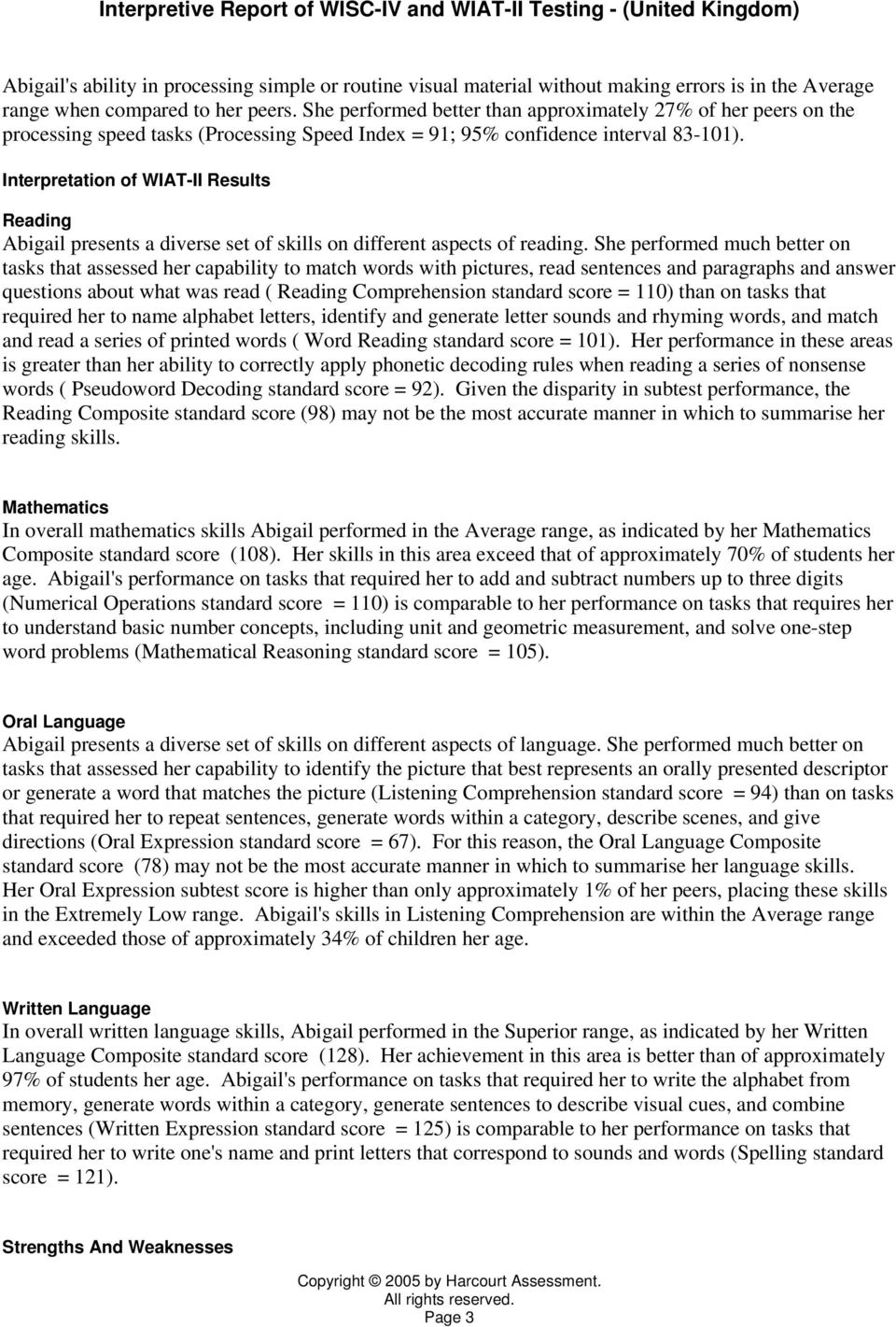 Interpretive Report of WISC-IV and WIAT-II Testing - (United With Wppsi Iv Report Template