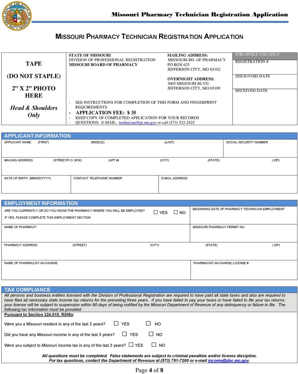 JEFFERSON CITY, MO 65109 - SEE INSTRUCTIONS FOR COMPLETION OF THIS FORM AND FINGERPRINT REQUIREMENTS - APPLICATION FEE: $ 35 - KEEP COPY OF COMPLETED APPLICATION FOR YOUR RECORDS - QUESTIONS: E-MAIL: