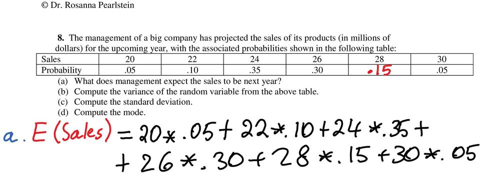 30 Probability.05.10.35.30.05 (a) What does management expect the sales to be next year?