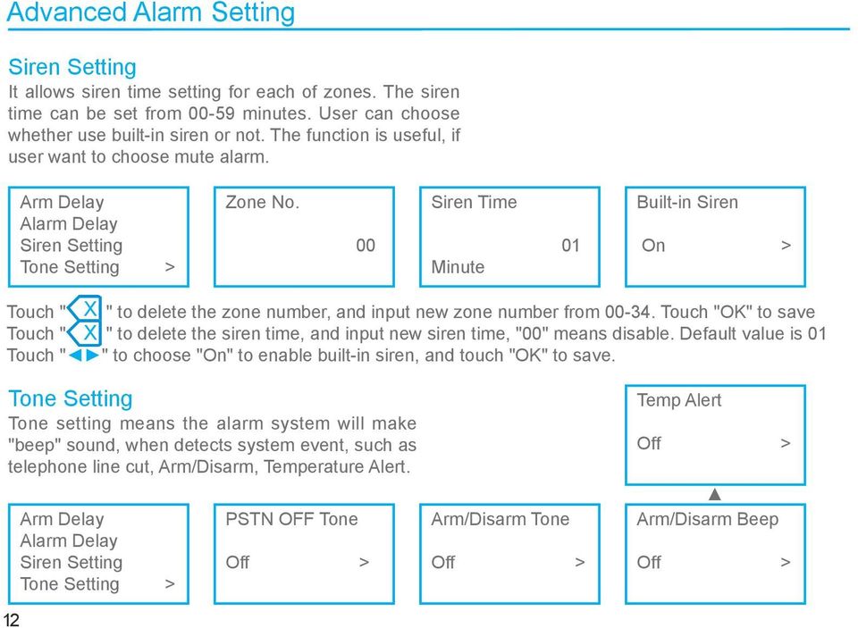 00 Siren Time Minute 01 Built-in Siren On > Touch " X " to delete the zone number, and input new zone number from 00-34.