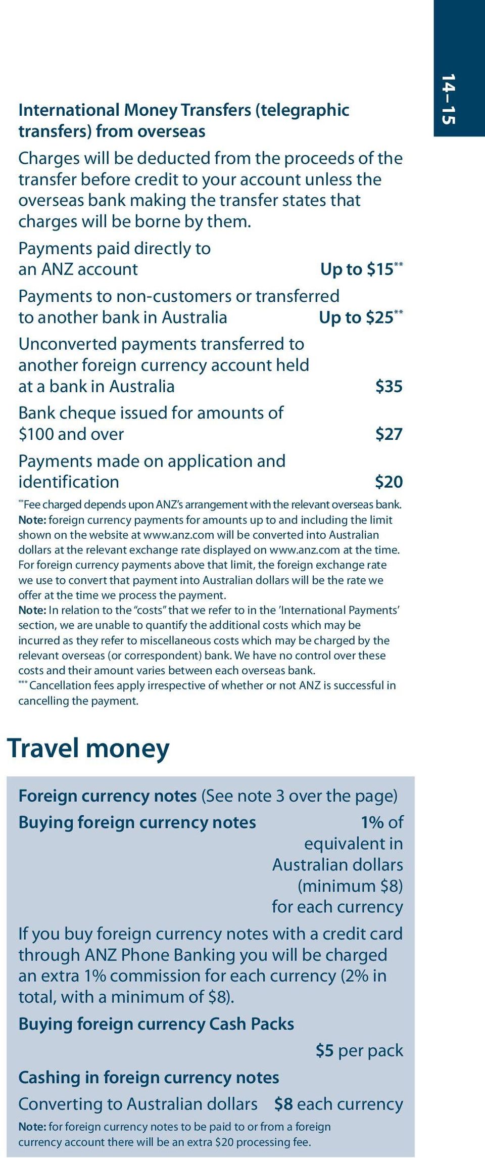Payments paid directly to an ANZ account Up to $15 ** Payments to non-customers or transferred to another bank in Australia Up to $25 ** Unconverted payments transferred to another foreign currency