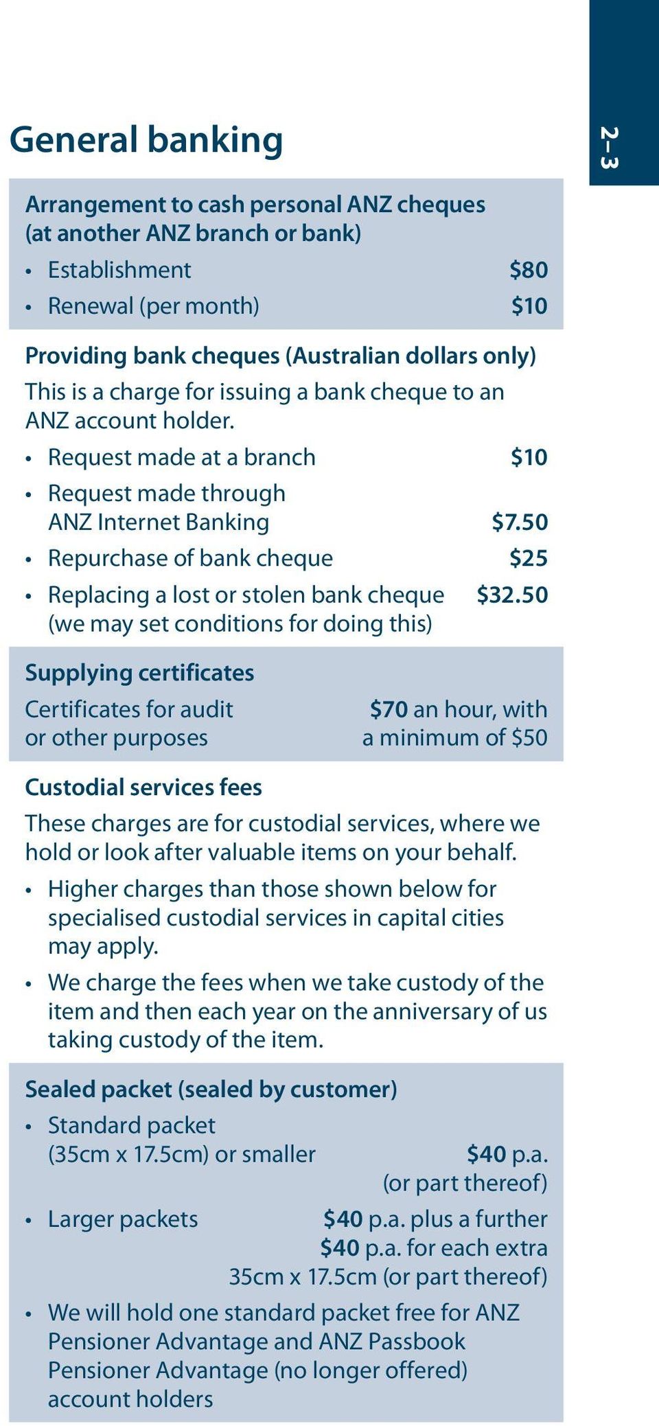50 Repurchase of bank cheque $25 Replacing a lost or stolen bank cheque $32.