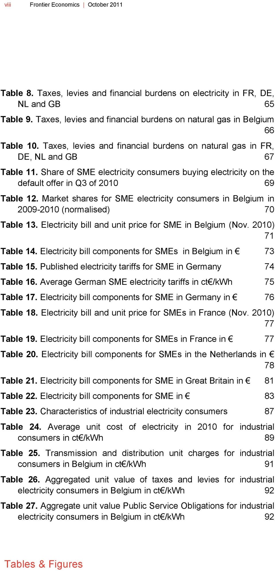 Share of SME electricity consumers buying electricity on the default offer in Q3 of 2010 69 Table 12. Market shares for SME electricity consumers in Belgium in 2009-2010 (normalised) 70 Table 13.