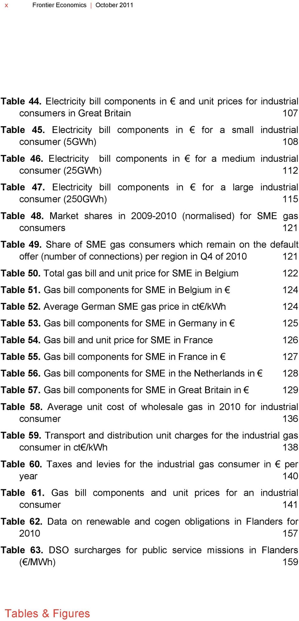 Electricity bill components in for a large industrial consumer (250GWh) 115 Table 48. Market shares in 2009-2010 (normalised) for SME gas consumers 121 Table 49.