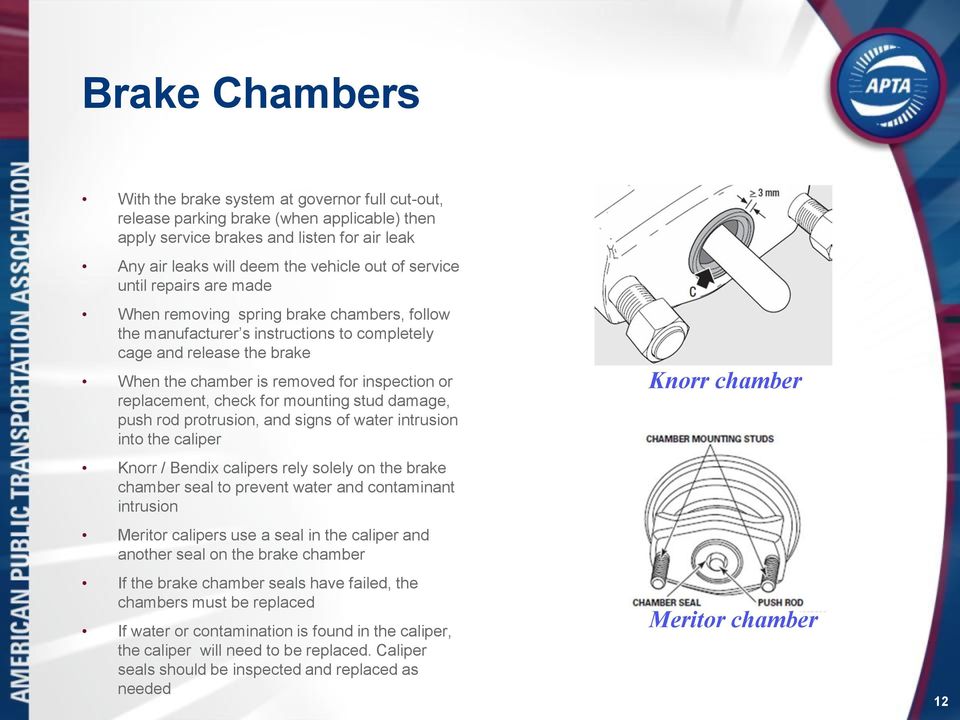 replacement, check for mounting stud damage, push rod protrusion, and signs of water intrusion into the caliper Knorr / Bendix calipers rely solely on the brake chamber seal to prevent water and