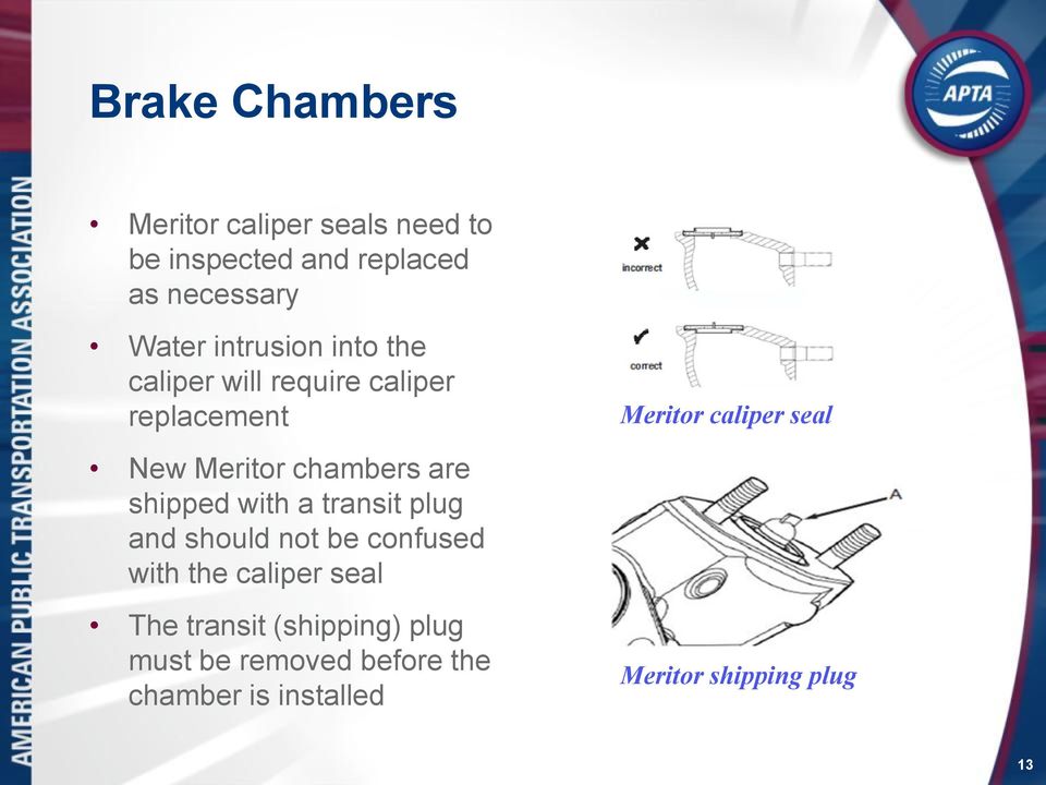 chambers are shipped with a transit plug and should not be confused with the caliper seal The