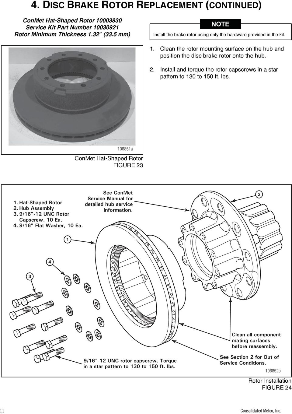 lbs. 106851a ConMet Hat-Shaped Rotor FIGURE 23 25 See ConMet Service Manual for 1. Hat-Shaped Rotor detailed hub service 2. Hub Assembly information. 3. 9/16"-12 UNC Rotor Capscrew, 10 Ea. 4.
