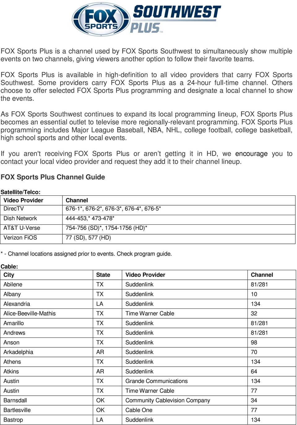 fox sports plus channel guide - pdf