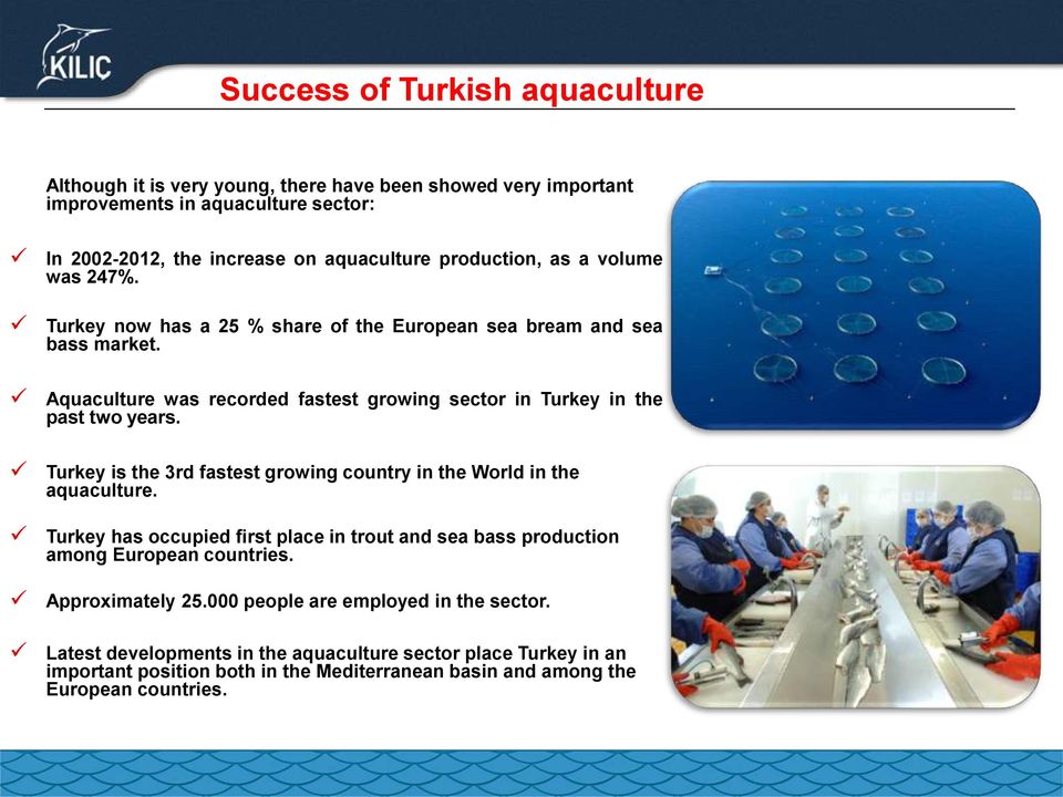 Aquaculture was recorded fastest growing sector in Turkey in the past two years. Turkey is the 3rd fastest growing country in the World in the aquaculture.