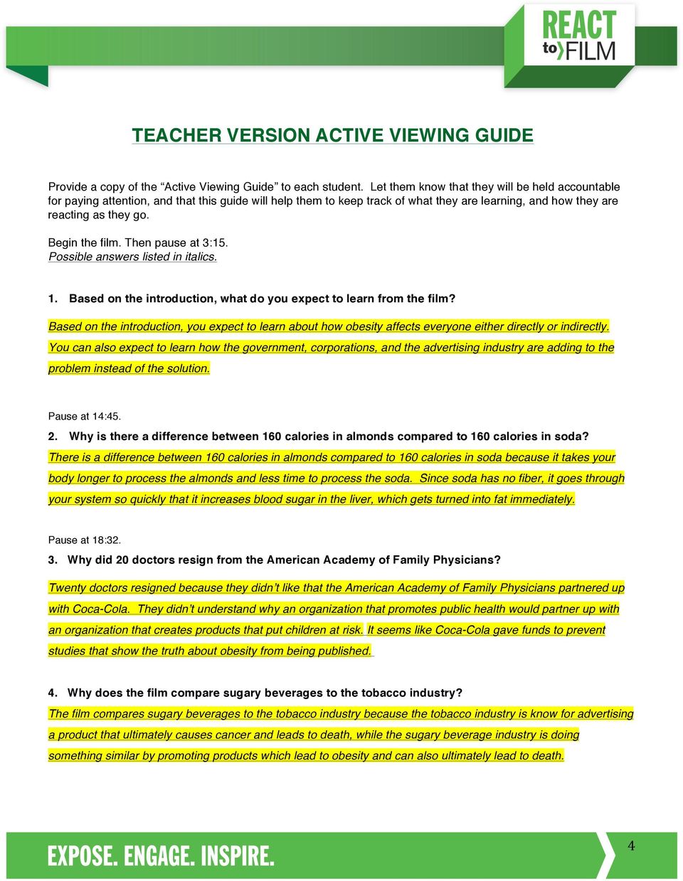 REACT TO FILM FED UP EDUCATORʼS DISCUSSION GUIDE - PDF Free Download Throughout Fed Up Worksheet Answer Key