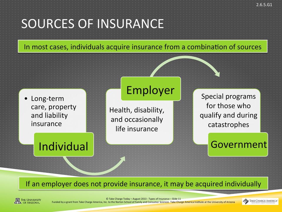 insurance Special programs for those who qualify and during catastrophes Government If an employer does