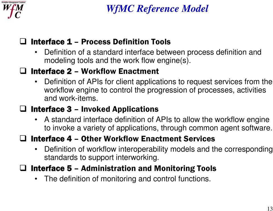 Interface 3 Invoked Applications A standard interface definition of APIs to allow the workflow engine to invoke a variety of applications, through common agent software.