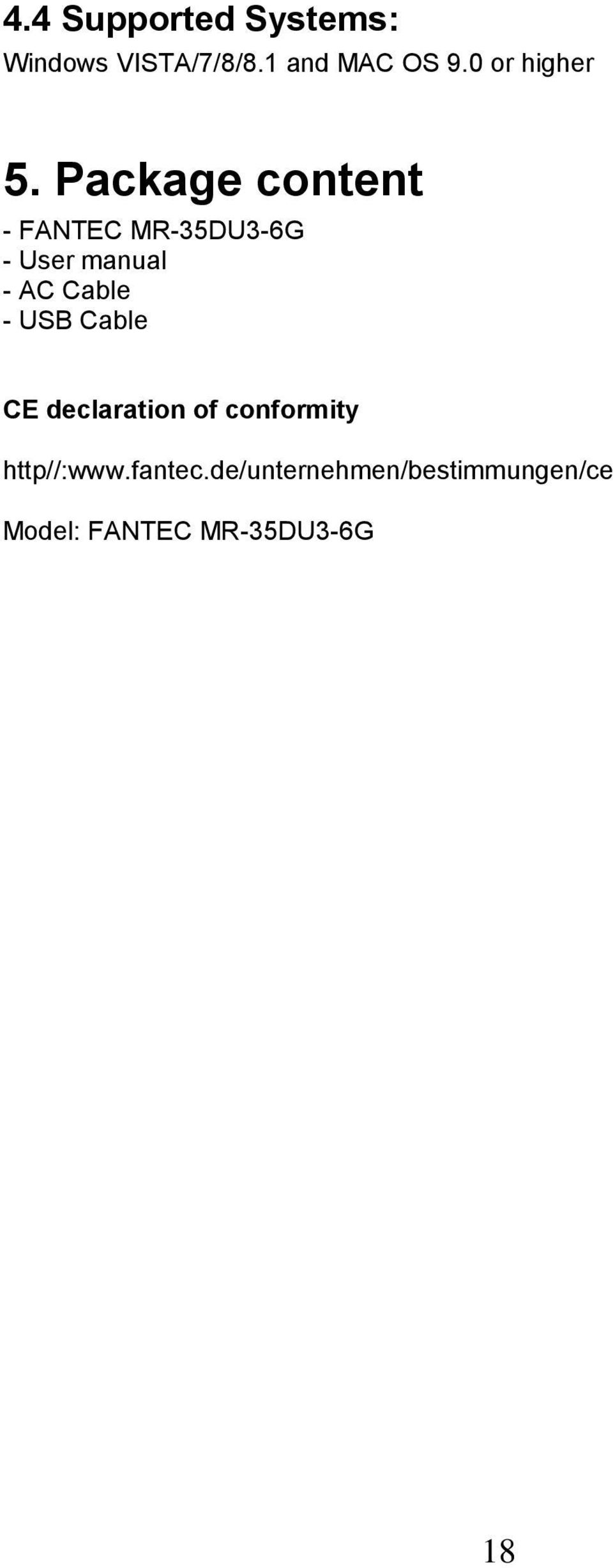 Package content - FANTEC MR-35DU3-6G - User manual - AC Cable -