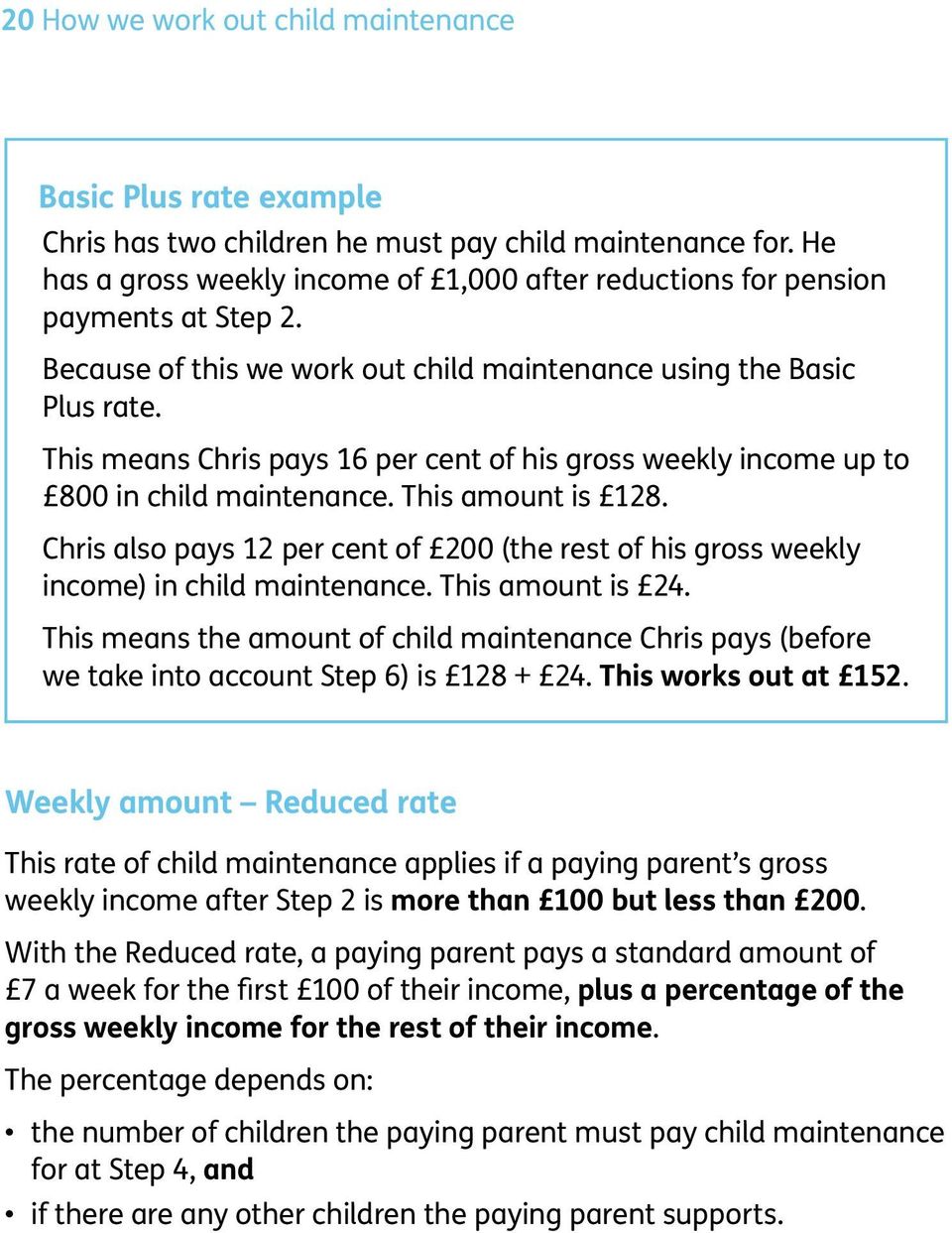 This means Chris pays 16 per cent of his gross weekly income up to 800 in child maintenance. This amount is 128.