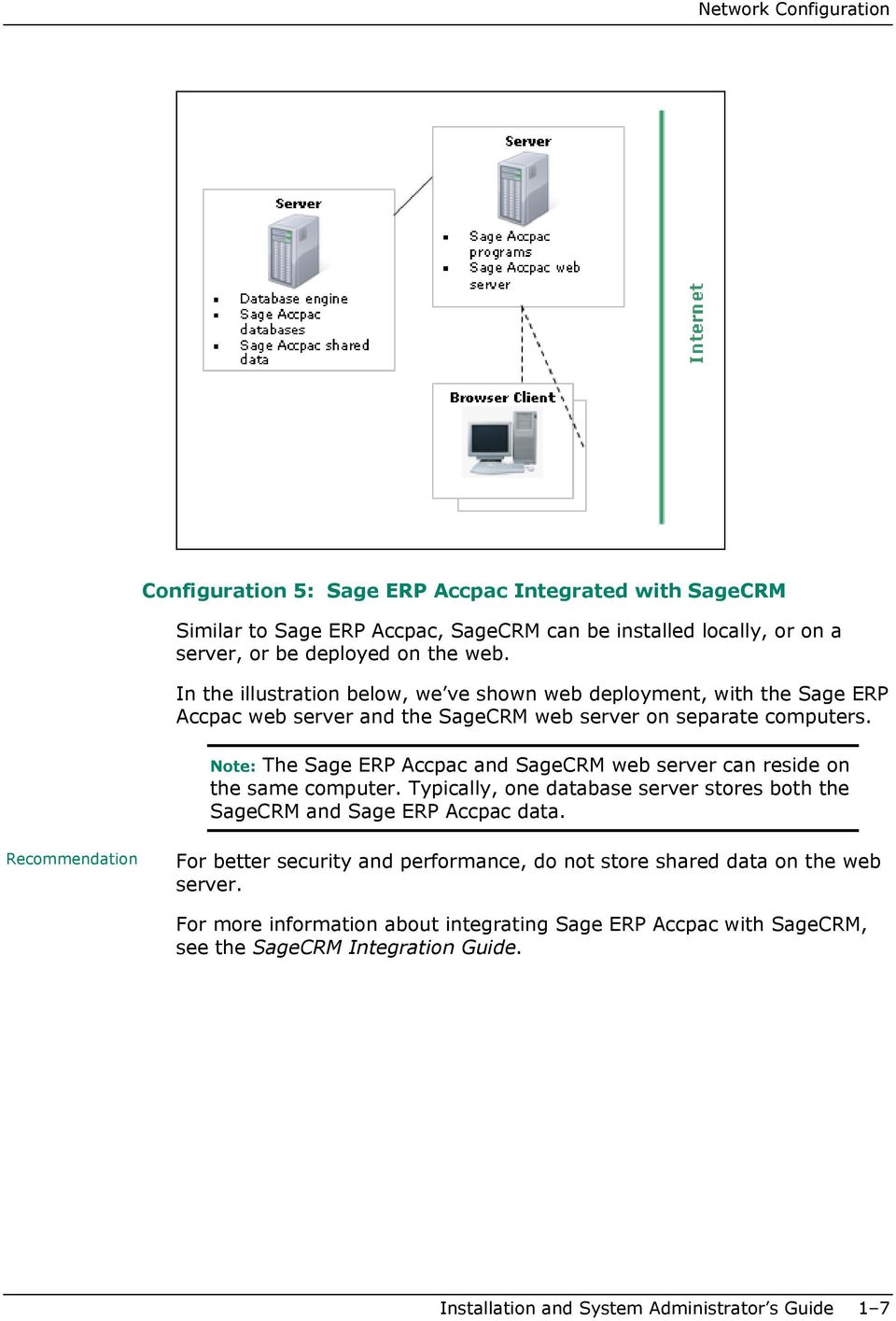 Note: The Sage ERP Accpac and SageCRM web server can reside on the same computer. Typically, one database server stores both the SageCRM and Sage ERP Accpac data.