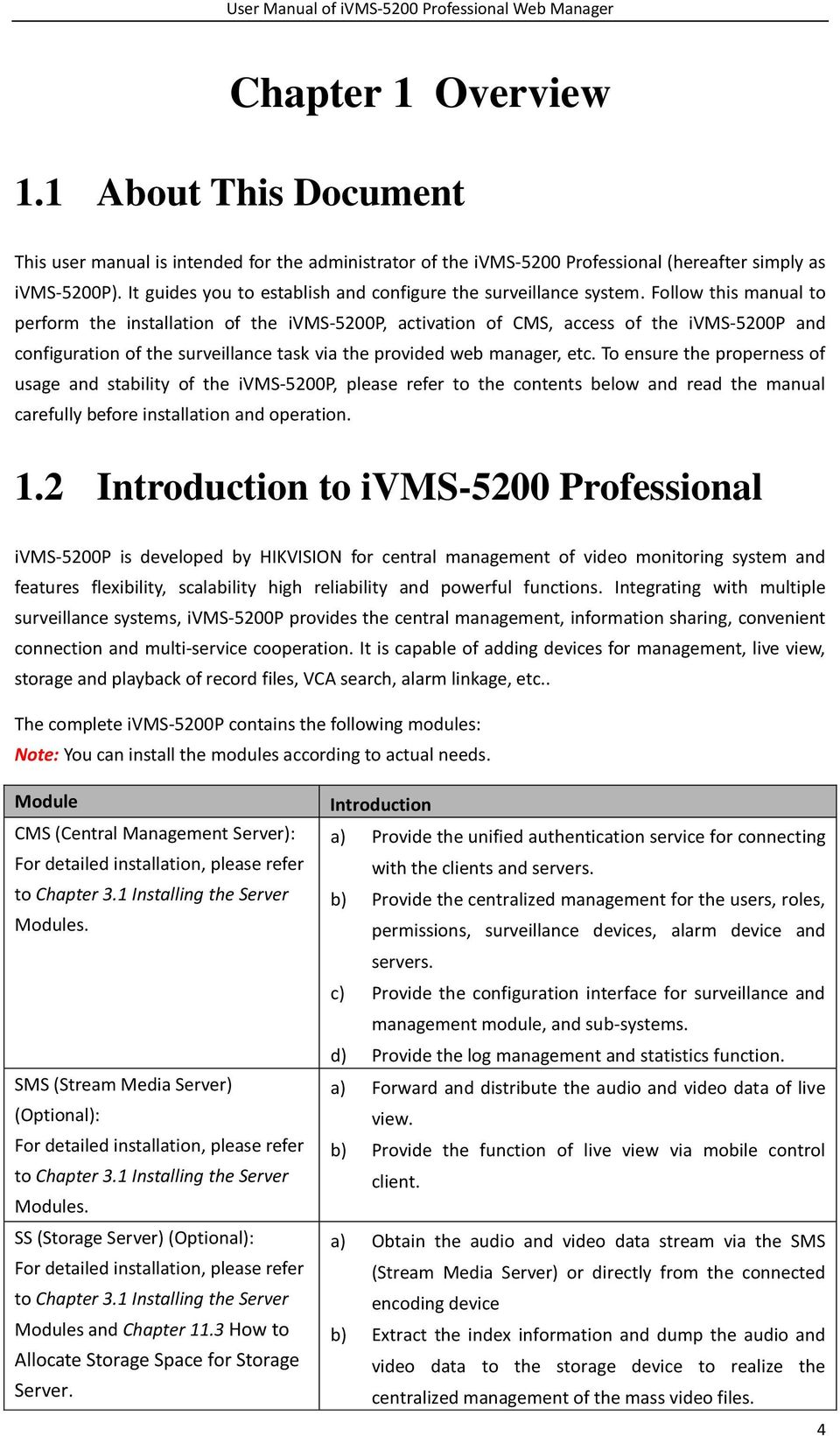 Follow this manual to perform the installation of the ivms-5200p, activation of CMS, access of the ivms-5200p and configuration of the surveillance task via the provided web manager, etc.