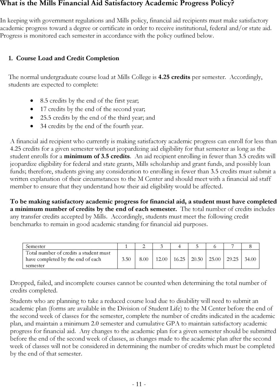and/or state aid. Progress is monitored each semester in accordance with the policy outlined below. 1. Course Load and Credit Completion The normal undergraduate course load at Mills College is 4.