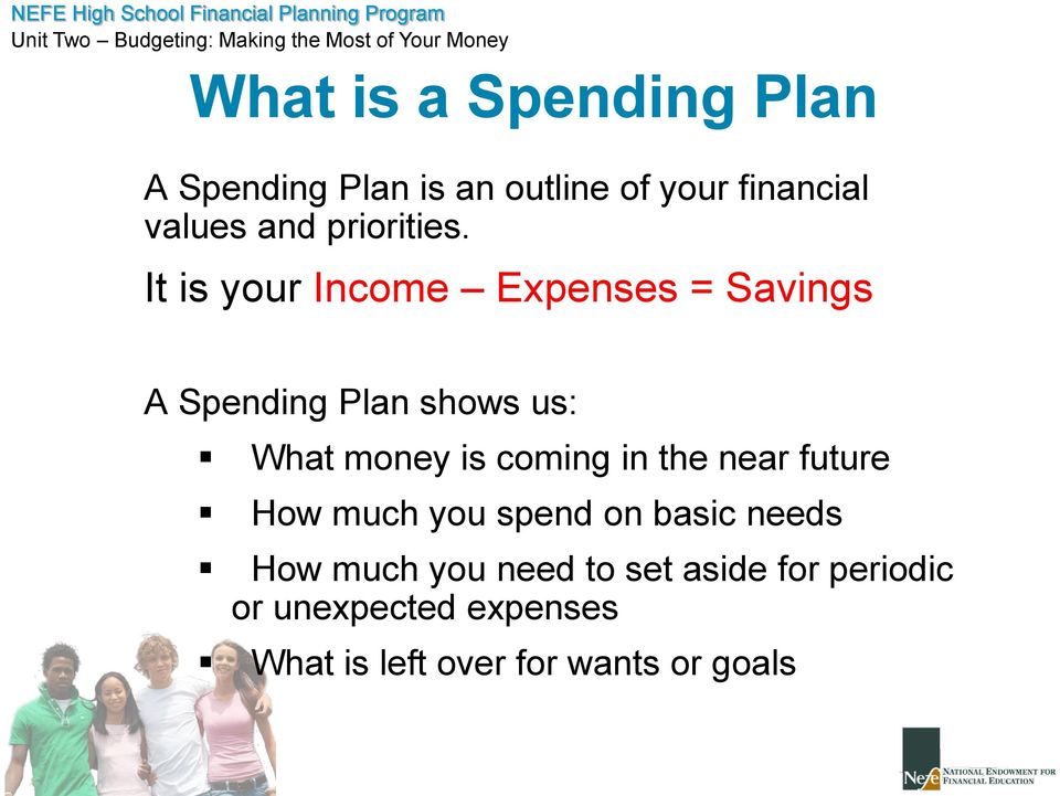 It is your Income Expenses = Savings A Spending Plan shows us: What money is coming