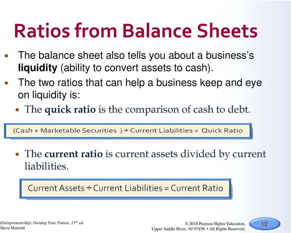 The two ratios that can help a business keep and eye on liquidity is: The quick