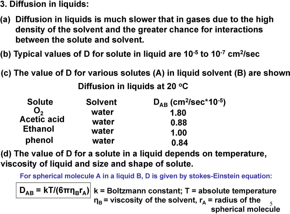 (cm 2 /sec*10-5 ) O 2 water 1.80 Acetic acid water 0.88 Ethanol water 1.00 phenol water 0.