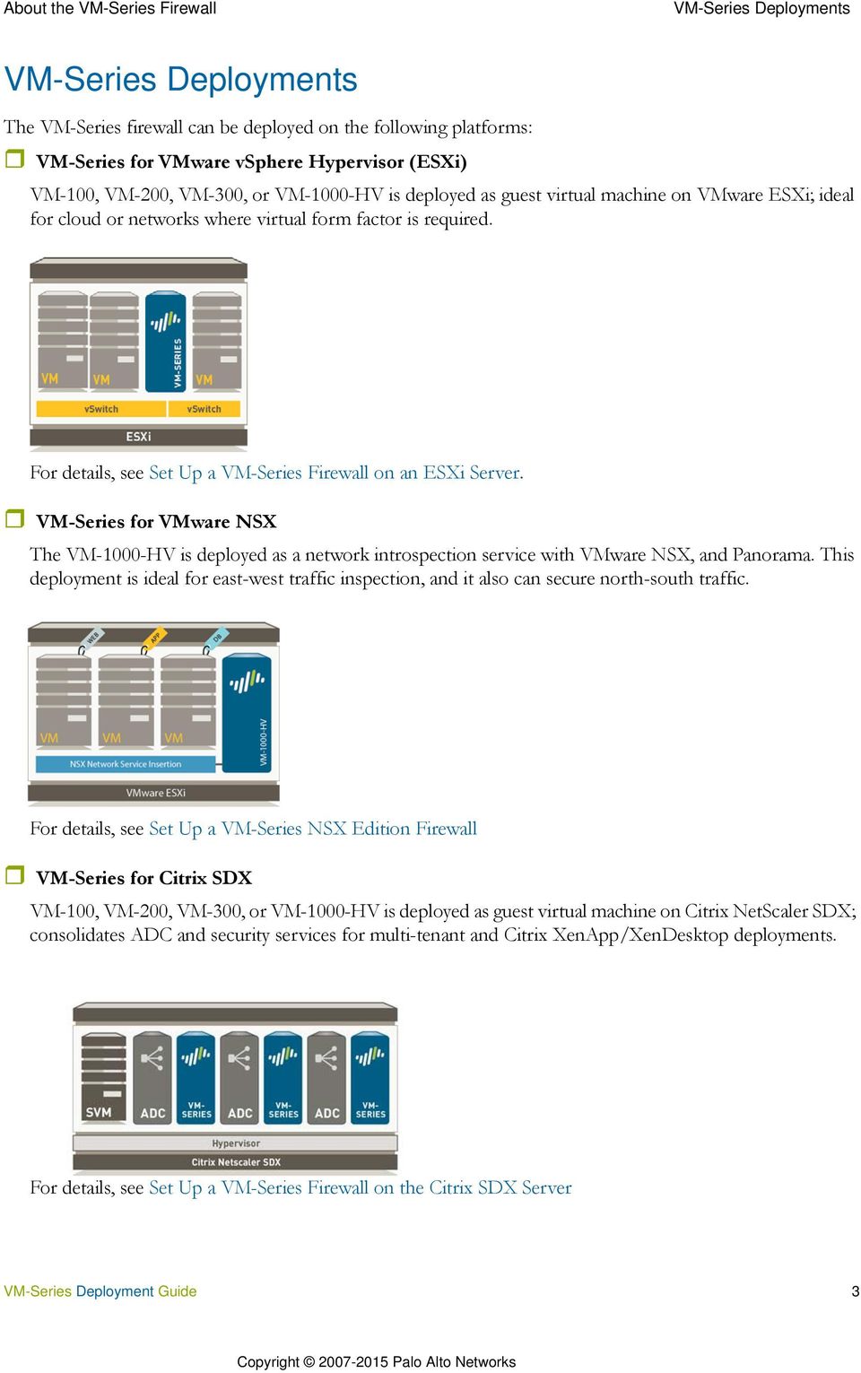 For details, see Set Up a VM-Series Firewall on an ESXi Server. VM-Series for VMware NSX The VM-1000-HV is deployed as a network introspection service with VMware NSX, and Panorama.