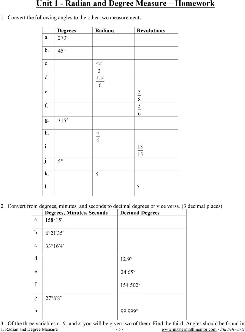 Unit 25 - Radian and Degree Measure Classwork - PDF Free Download With Radians To Degrees Worksheet