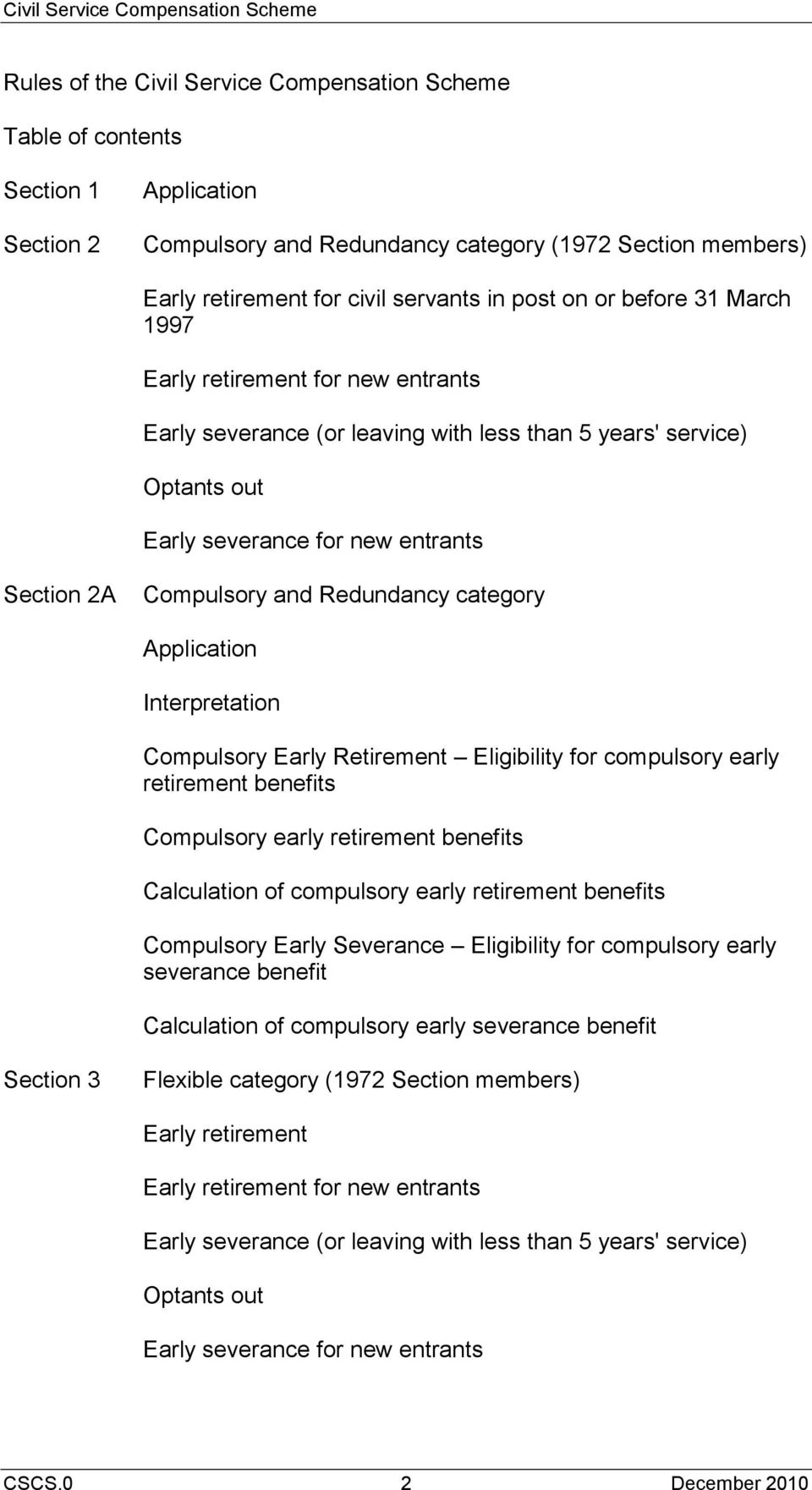 entrants Section 2A Compulsory and Redundancy category Application Interpretation Compulsory Early Retirement Eligibility for compulsory early retirement benefits Compulsory early retirement benefits