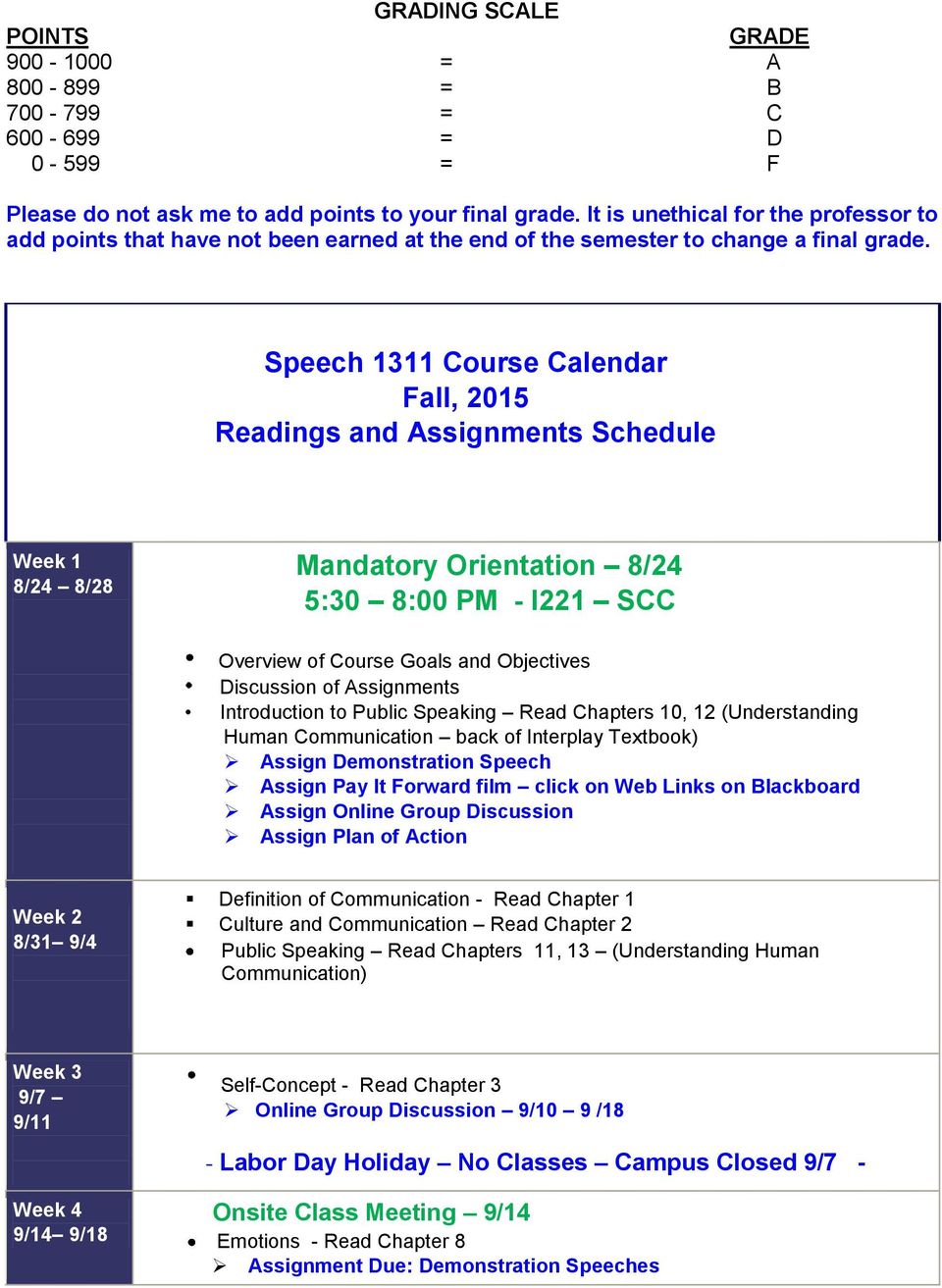 Speech 1311 Course Calendar Fall, 2015 Readings and Assignments Schedule Week 1 8/24 8/28 Mandatory Orientation 8/24 5:30 8:00 PM - I221 SCC Overview of Course Goals and Objectives Discussion of