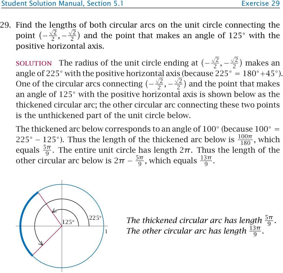 The radius of the unit circle ending at ( 2 2, 2 ) 2 makes an angle of 225 with the positive horizontal axis (because 225 = 180 +45 ).