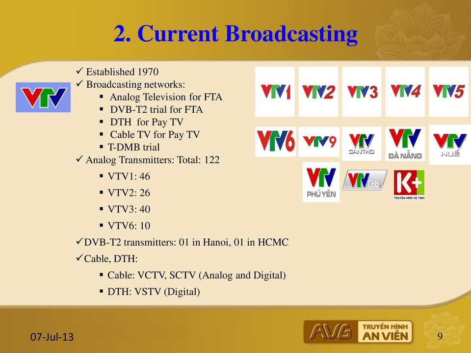 Transmitters: Total: 122 VTV1: 46 VTV2: 26 VTV3: 40 VTV6: 10 DVB-T2 transmitters: 01