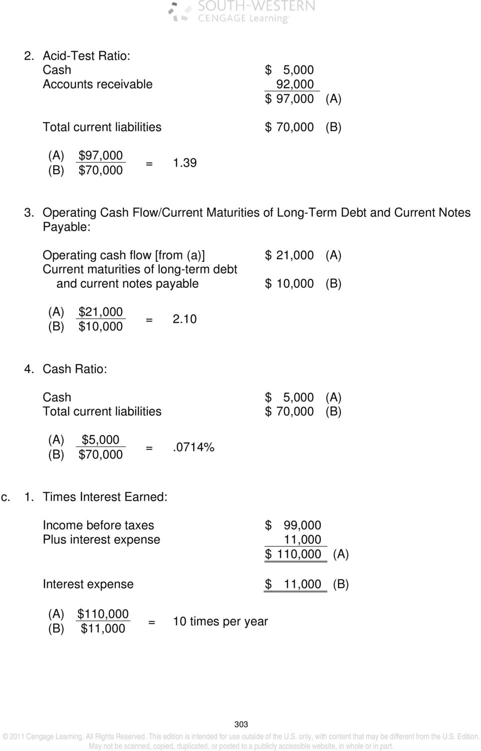 and current notes payable $ 10,000 (B) (A) $21,000 (B) $10,000 = 2.10 4. Cash Ratio: Cash $ 5,000 (A) Total current liabilities $ 70,000 (B) (A) $5,000 (B) $70,000 =.