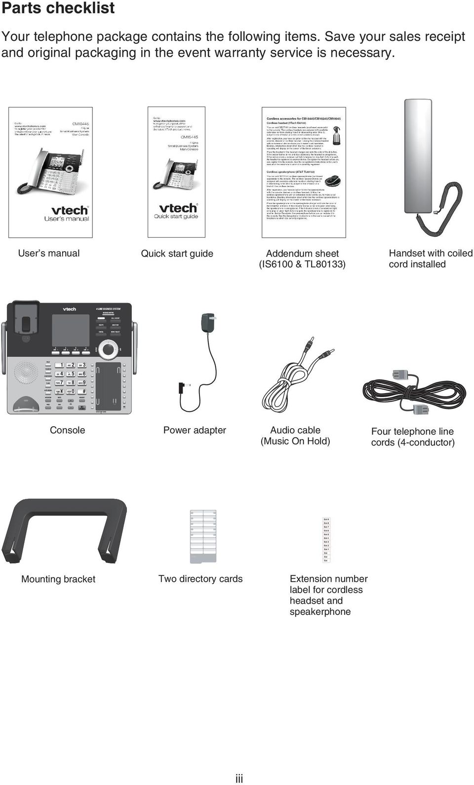User s manual Quick start guide Addendum sheet (IS6100 & TL80133) Handset with coiled cord installed Console