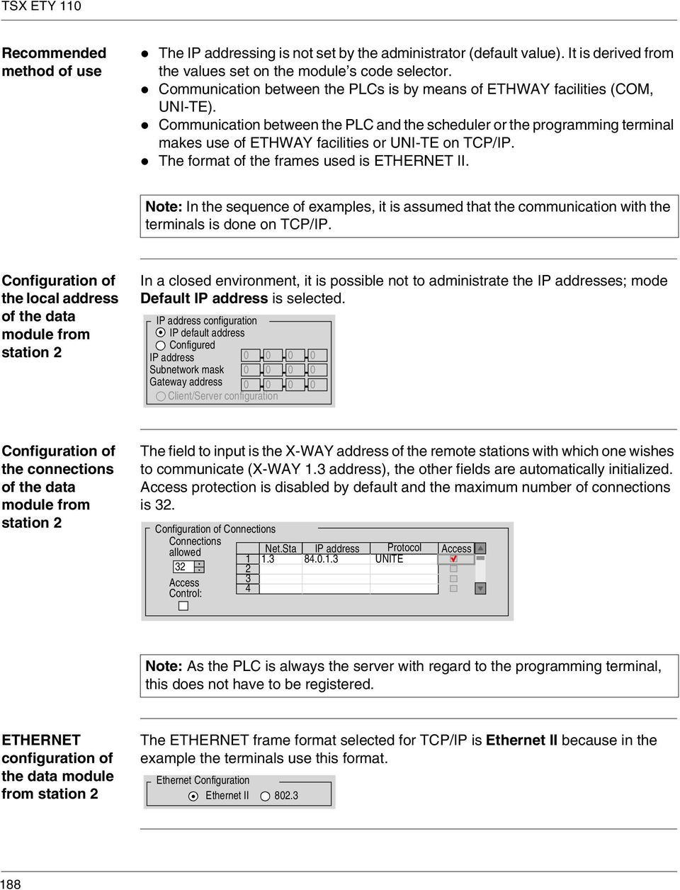 l Communication between the PLC and the scheduler or the programming terminal makes use of ETHWAY facilities or UNI-TE on TCP/IP. l The format of the frames used is ETHERNET II.