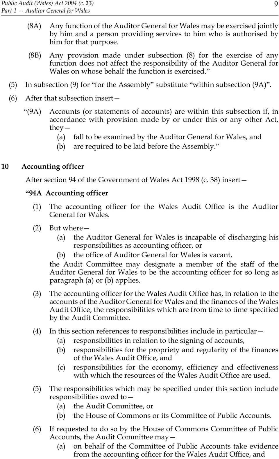 purpose. Any provision made under subsection (8) for the exercise of any function does not affect the responsibility of the Auditor General for Wales on whose behalf the function is exercised.
