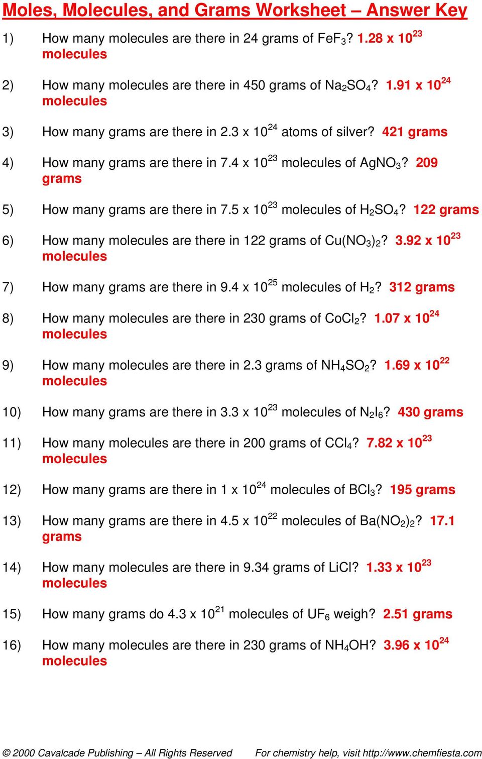 Moles, Molecules, and Grams Worksheet Answer Key - PDF Free Download Pertaining To Moles Molecules And Grams Worksheet
