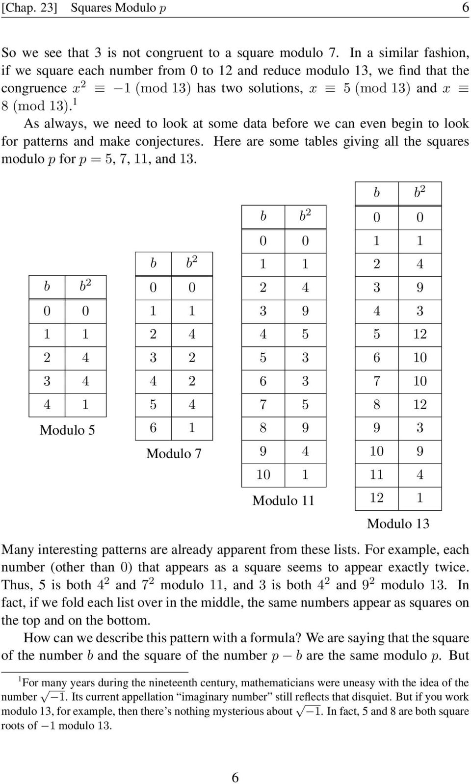1 As always, we need to look at some data before we can even begin to look for patterns and make conjectures. Here are some tables giving all the squares modulo p for p = 5, 7, 11, and 13.