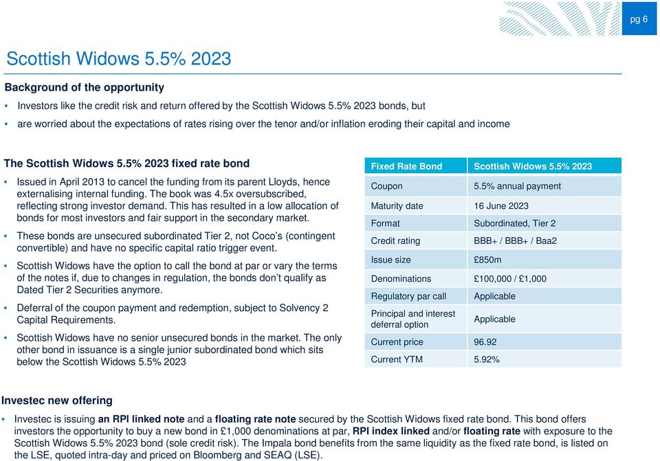 5% 2023 fixed rate bond Issued in April 2013 to cancel the funding from its parent Lloyds, hence externalising internal funding. The book was 4.5x oversubscribed, reflecting strong investor demand.