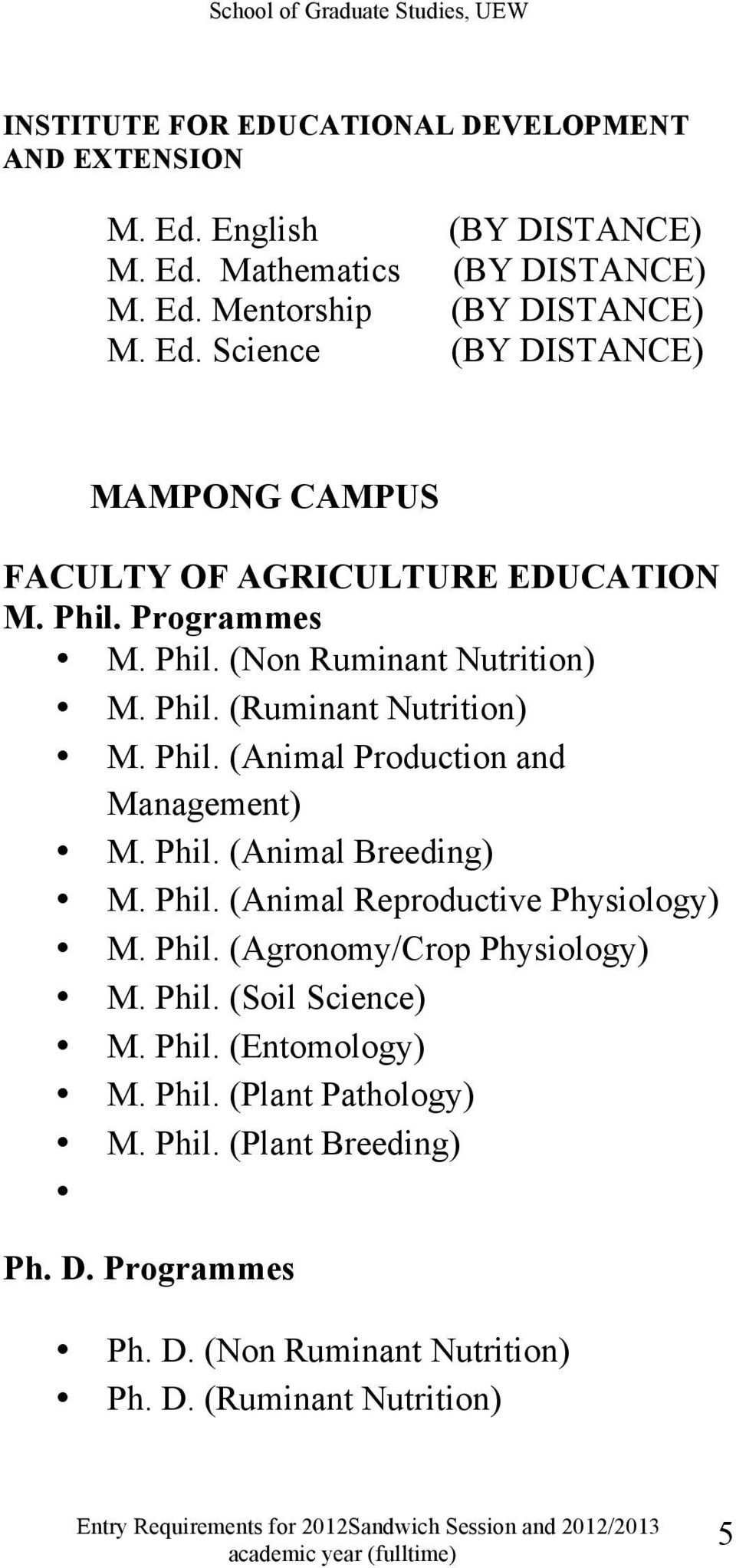 Phil. (Animal Reproductive Physiology) M. Phil. (Agronomy/Crop Physiology) M. Phil. (Soil Science) M. Phil. (Entomology) M. Phil. (Plant Pathology) M. Phil. (Plant Breeding) Ph.