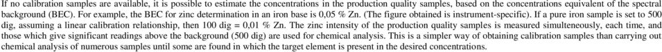 If a pure iron sample is set to 500 dig, assuming a linear calibration relationship, then 100 dig = 0,01 % Zn.