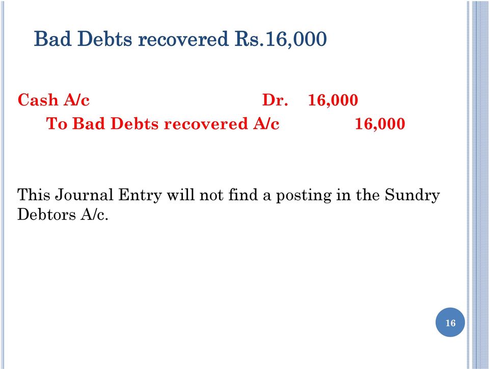 16,000 To Bad Debts recovered A/c