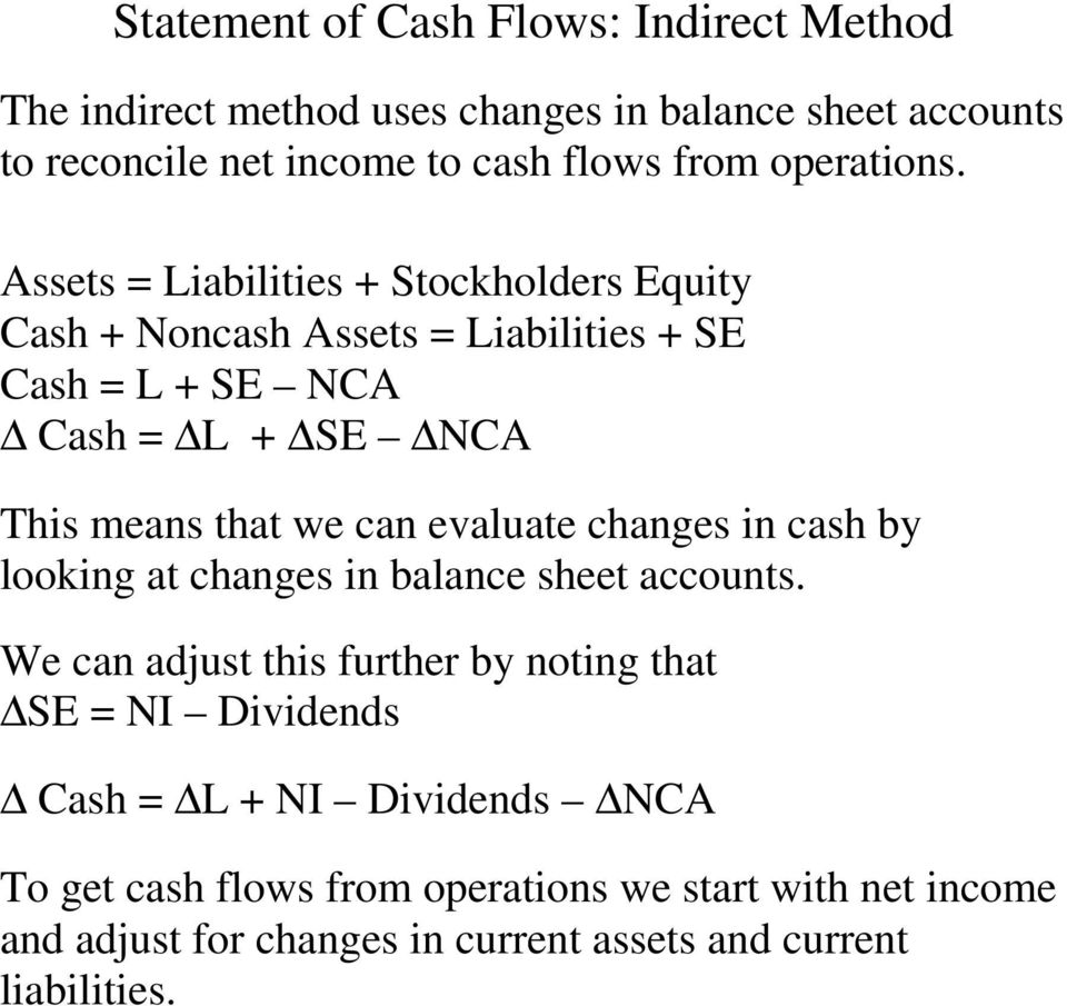 Assets = Liabilities + Stockholders Equity Cash + Noncash Assets = Liabilities + SE Cash = L + SE NCA Cash = L + SE NCA This means that we can