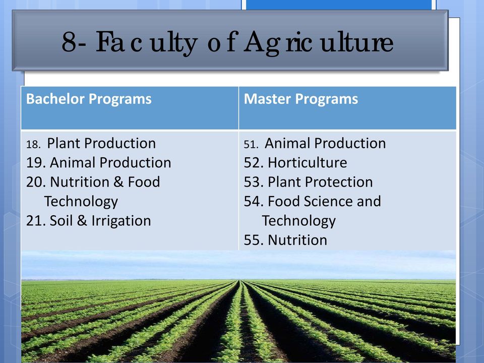 Soil & Irrigation 51. Animal Production 52. Horticulture 53.